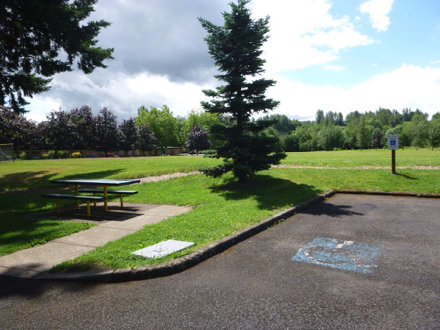Paved trail leads to a picnic table on slab near accessible parking - it is close to the bark-chip trail